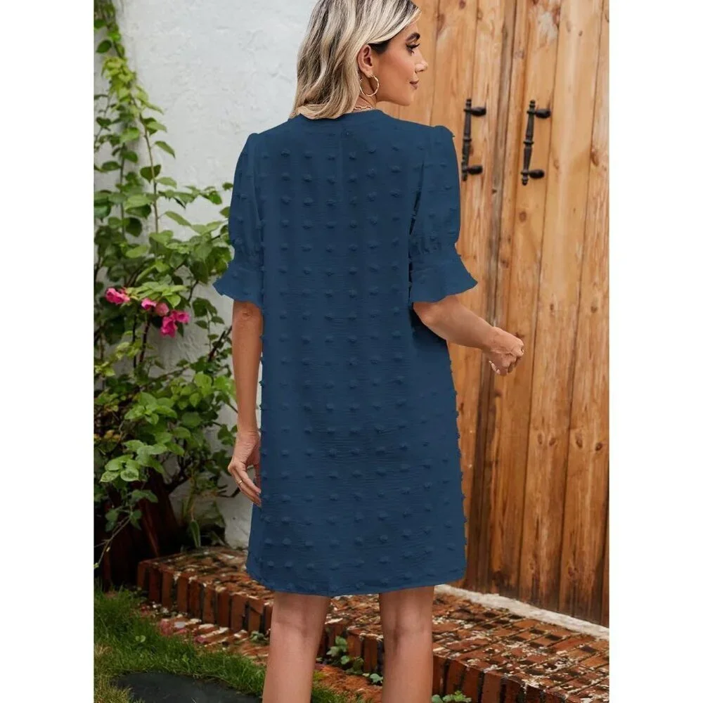 Womens Mblue 100%Polyester V-Neck Loose Fit Short Sleeve Knee Length Shift Dress - Picture 5 of 6